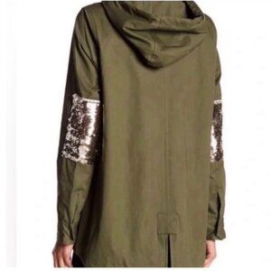 Sam Edelman Women’s Anorak Sequin Elbow Hooded Olive Green Jacket Coat Size XS